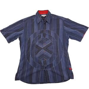 SEEMS Japanese Avant Garde Striped Button Up Shirt Navy Circular Panel Large